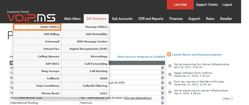 Razdelek DID numbers v VoIP.ms