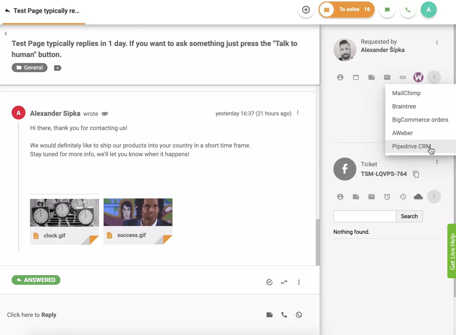 PipeDrive CRM je aktiven v pogledu vozovnice LiveAgent