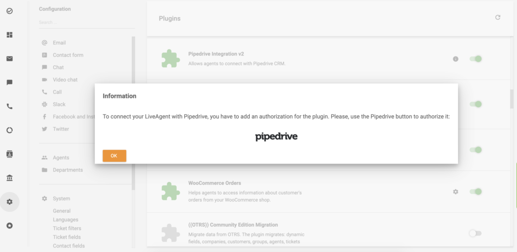 Kliknite na ikono PipeDrive, da nadaljujete z integracijo PipeDrive za LiveAgent