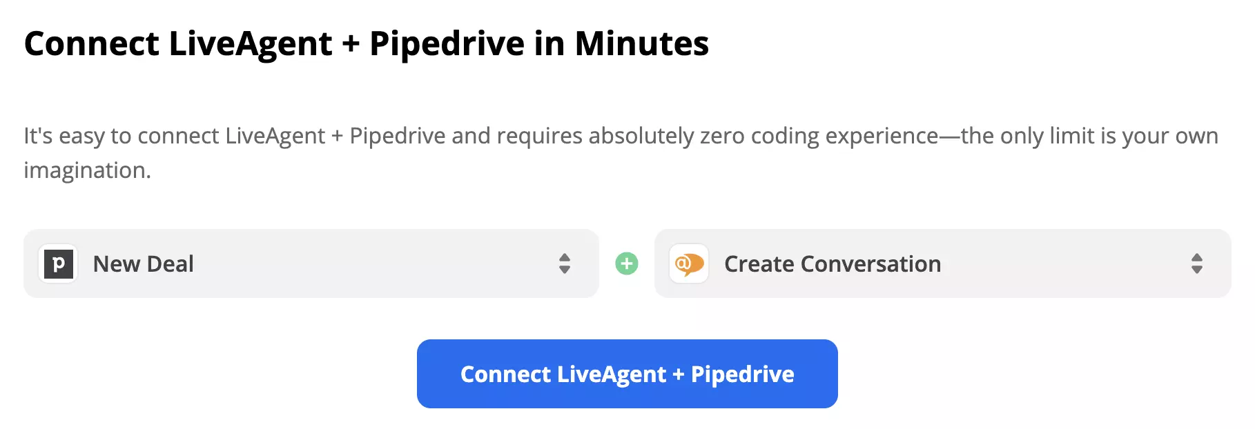 Sprožilec PipeDrive in dejanje LiveAgent izbrani na Zapier