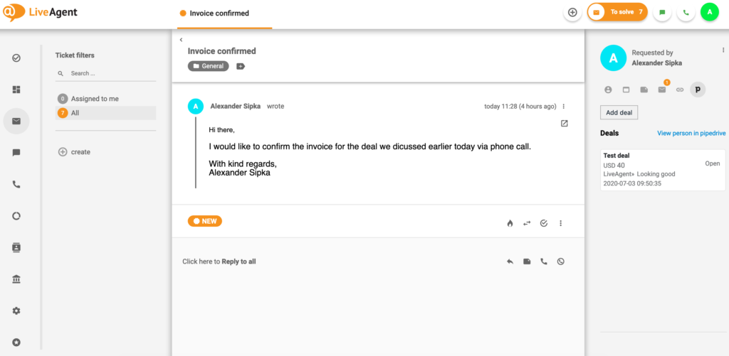 PipeDrive dogovor v LiveAgent