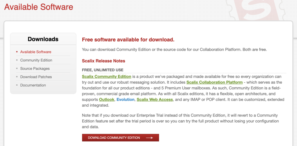 Scalix spletna stran z razpoložljivimi prenosi in informacijami o izdajah