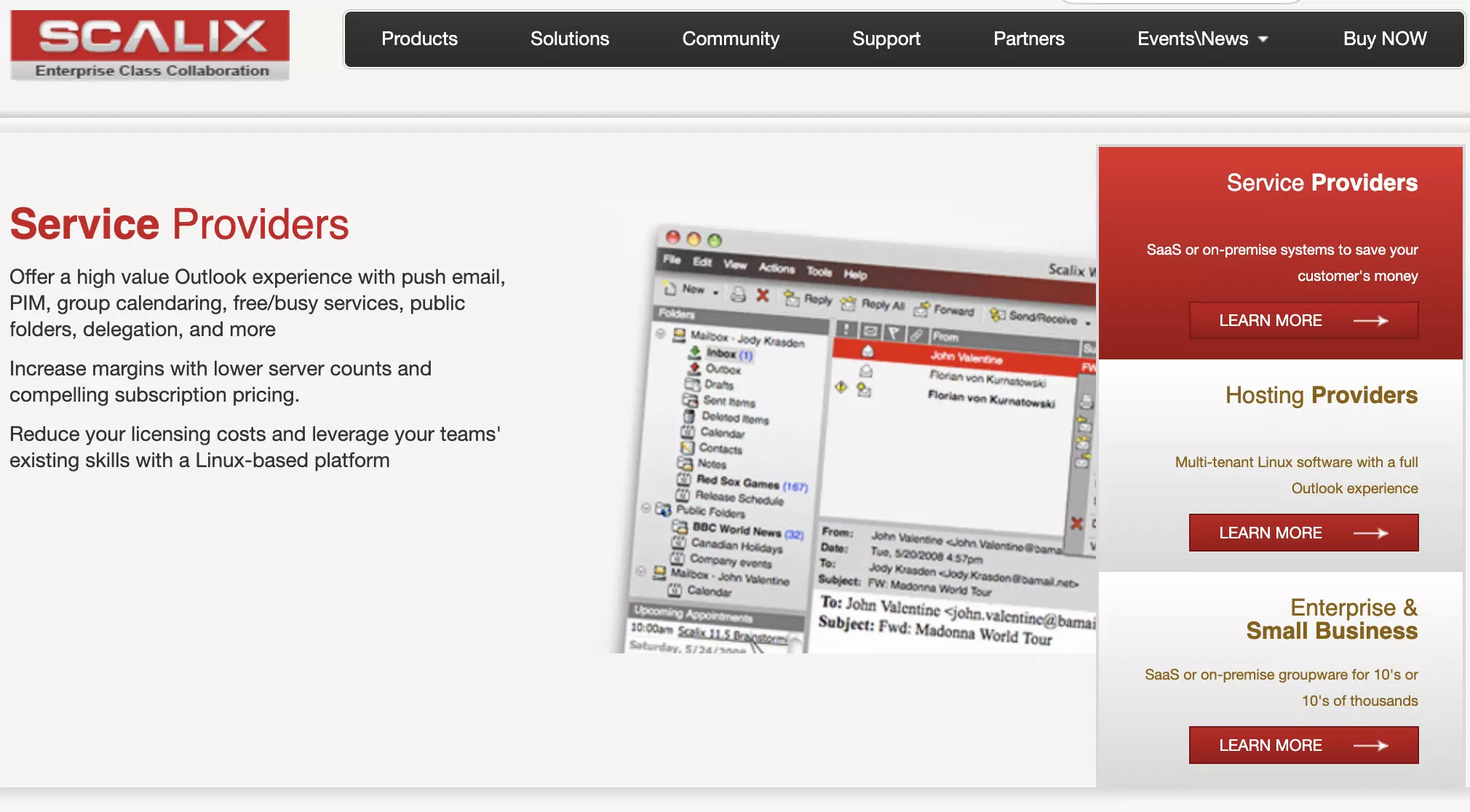 Scalix domača stran s seznamom funkcij in informacij