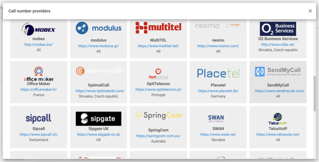 SendMyCall na seznamu VoIP ponudnikov v nastavitvah LiveAgent