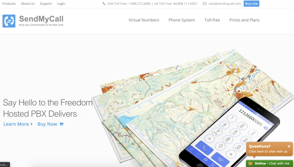 Domača stran SendMyCall z gumbom Buy now v zgornjem desnem kotu