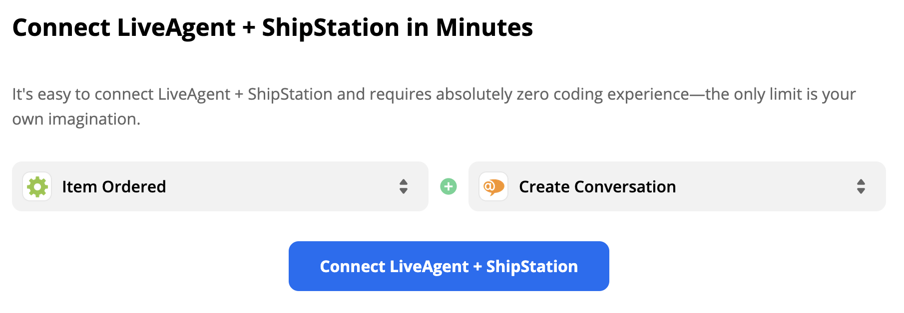 Sprožilec ShipStation Item Ordered in dejanje LiveAgent Create Conversation v izbiri integracije Zapier