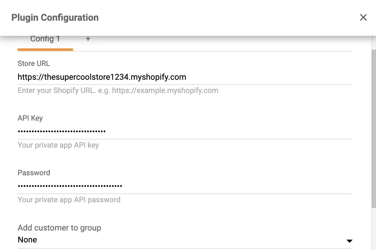 Kopirajte in prilepite ključ API in geslo v konfiguracija vtičnika Shopifyja v LiveAgent