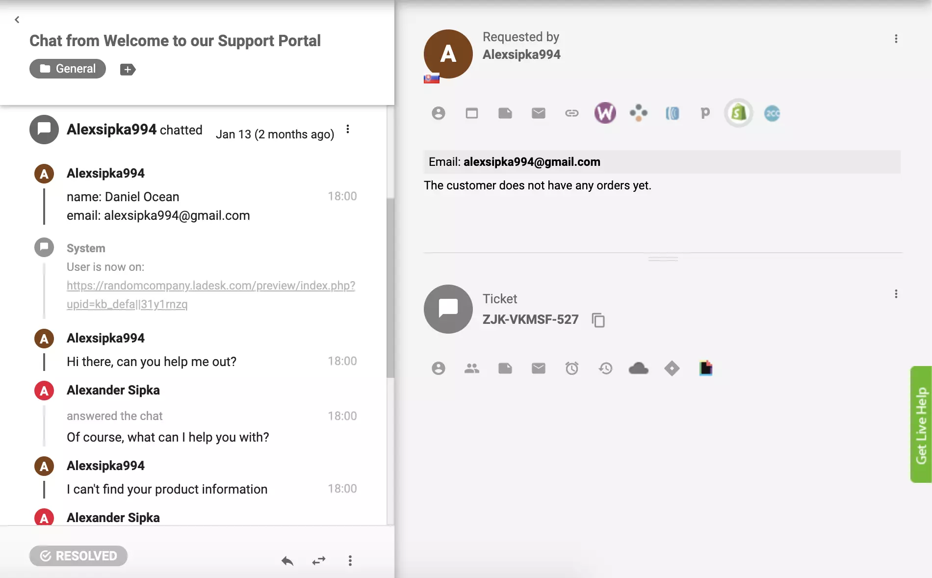 Vtičnik Shopifyja je aktiven v LiveAgent in naročila strank so vidna iz pogleda vozovnice