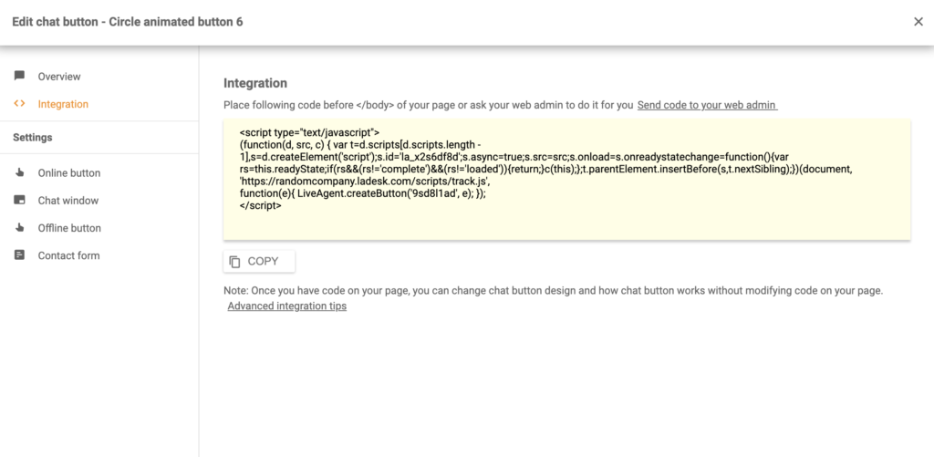 Koda za integracijo gumba za klepet Silverstripe v LiveAgent