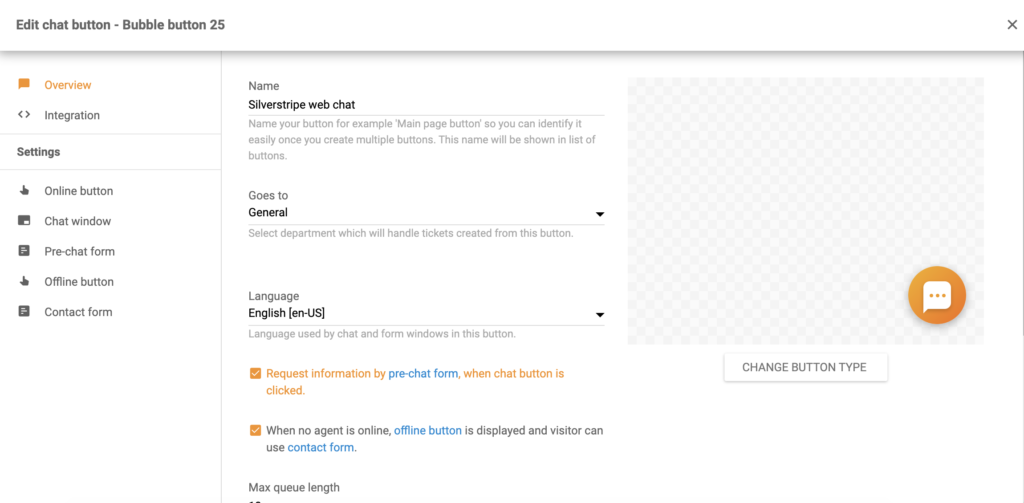 Konfiguracija gumba za klepet Silverstripe v LiveAgent