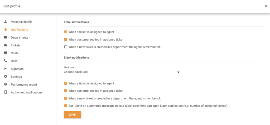 Možnosti obvestil Slack v razdelku Uredi profil