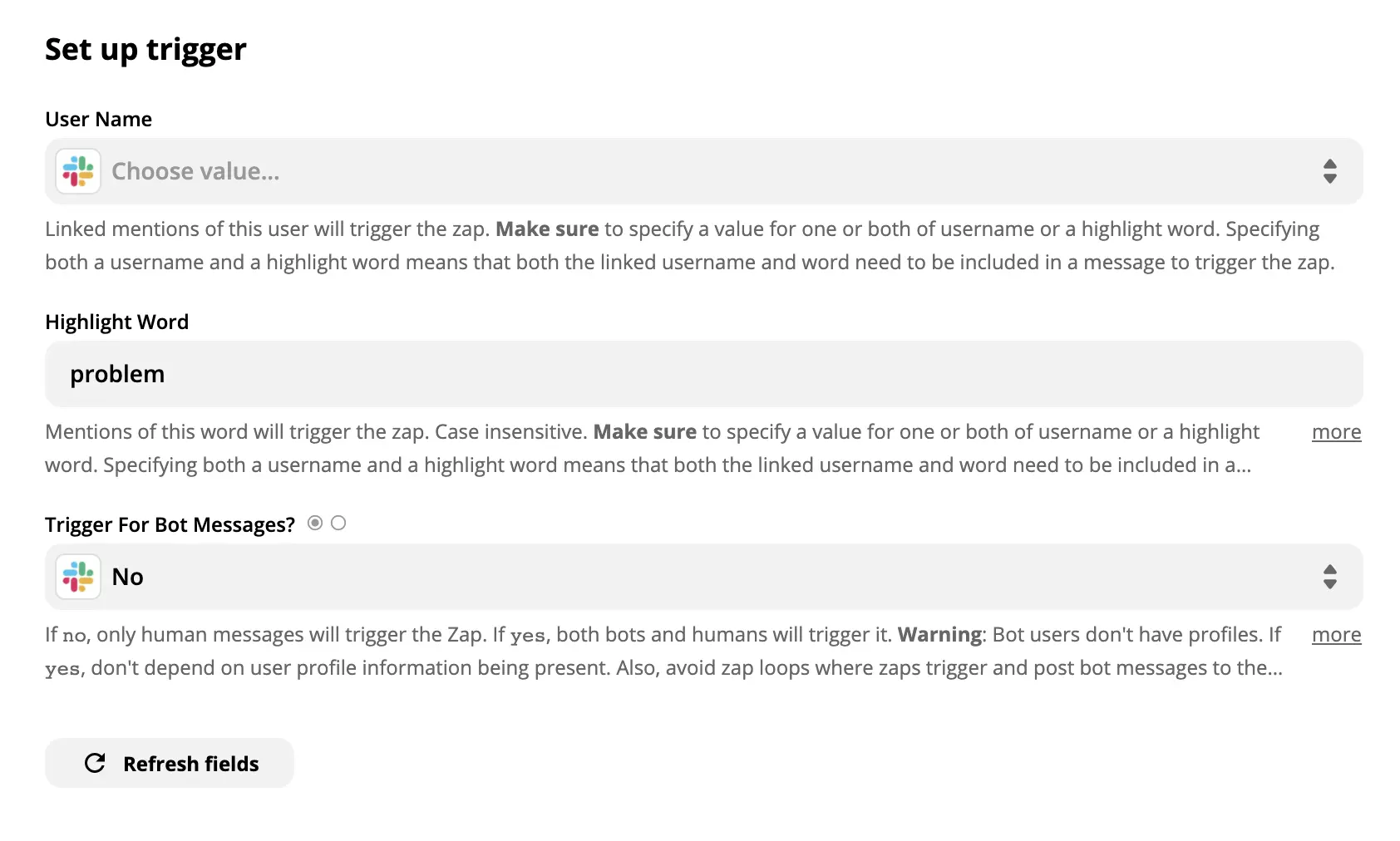 Prikaz nastavitve sprožilca Slack na Zapier