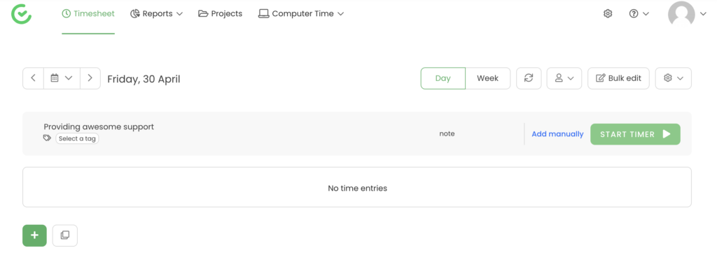 Izbira projekta TimeCamp z začetkom časovnika