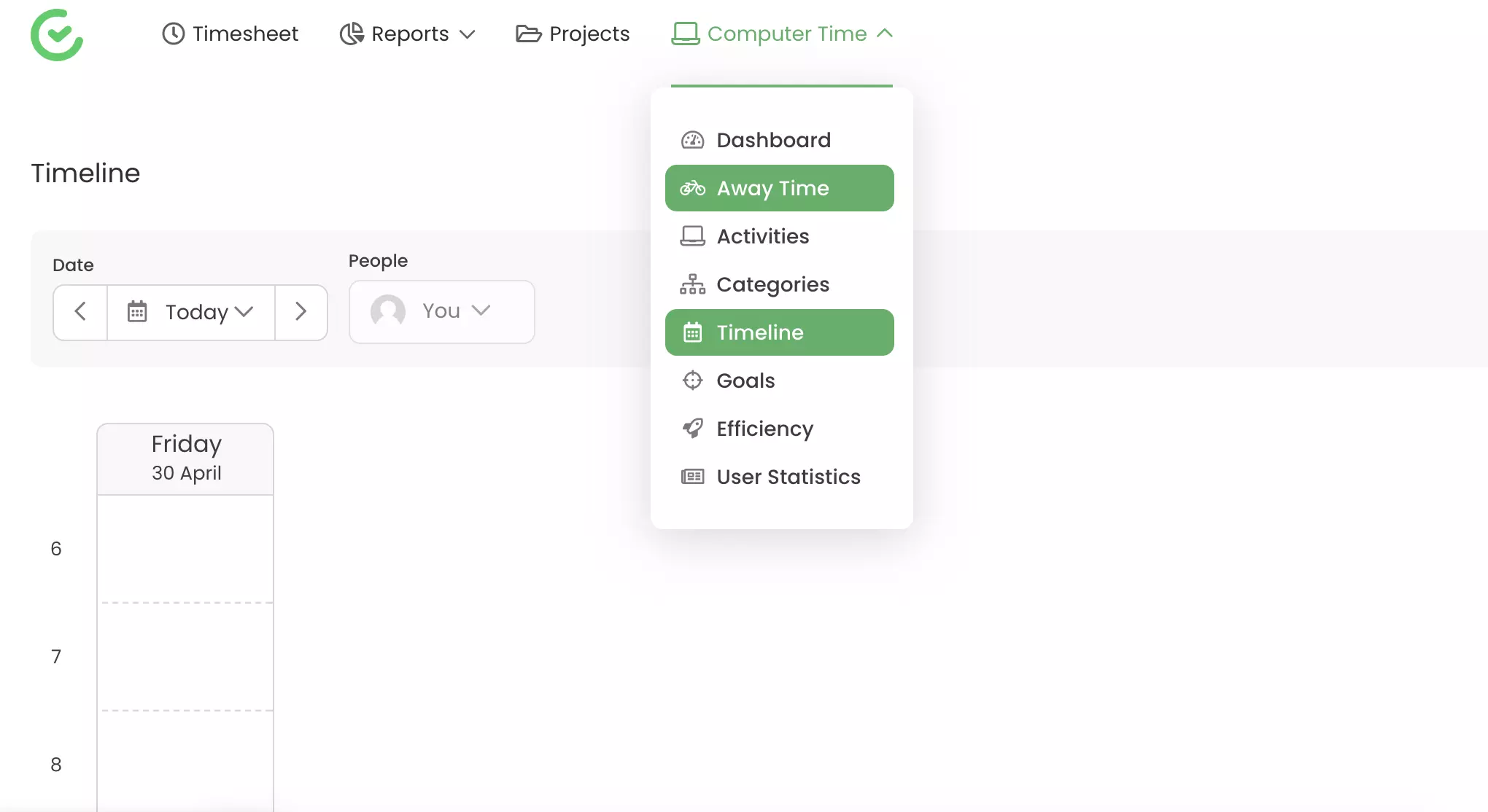 Zmogljivosti sledenja, kot so čas odsotnosti in časovnica, vidne v TimeCamp
