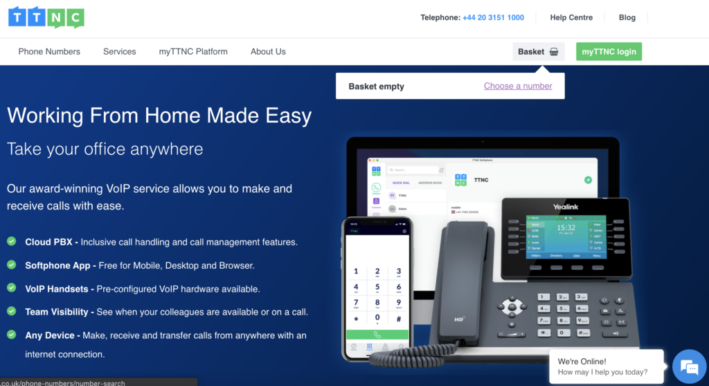 TTNC spletna stran z možnostjo 'basket' in izbiro številke zgoraj desno