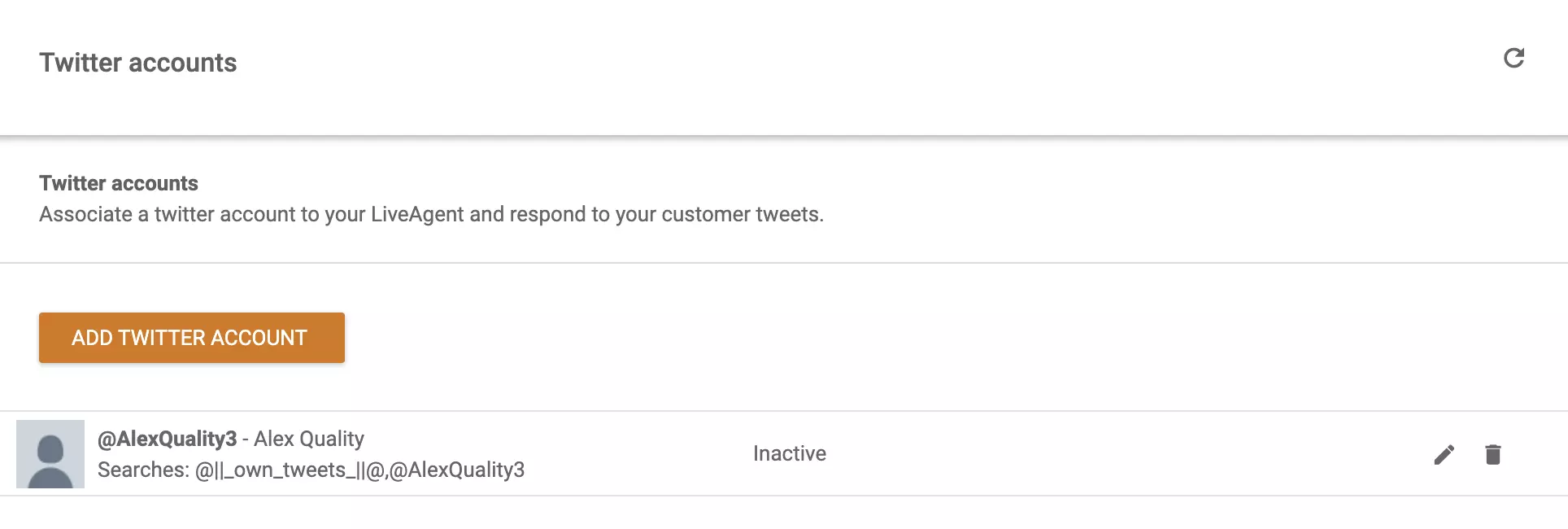 Slika računov, povezanih s programom LiveAgent, in možnost dodajanja drugega računa Twitter (X) na seznam