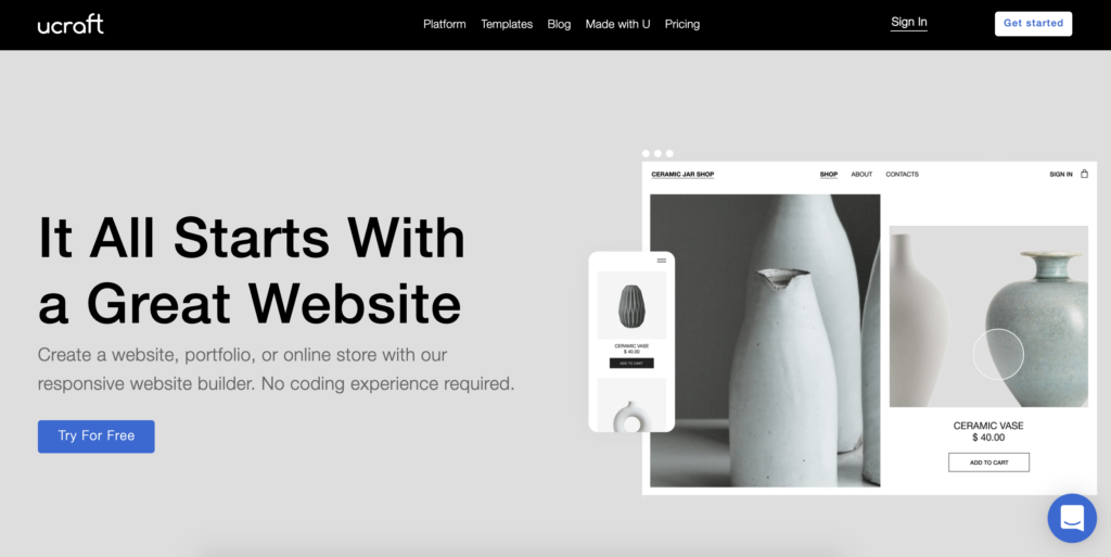 Domača stran Ucraft z gumbom Začni v zgornjem desnem kotu