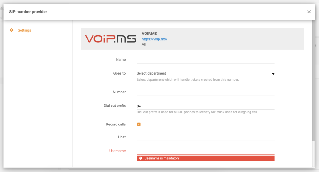 Konfiguracija VoIP.ms v nastavitvah klicev LiveAgent