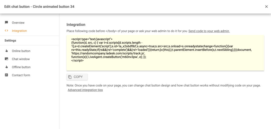 Koda gumba za klepet po uspešni konfiguraciji v LiveAgent