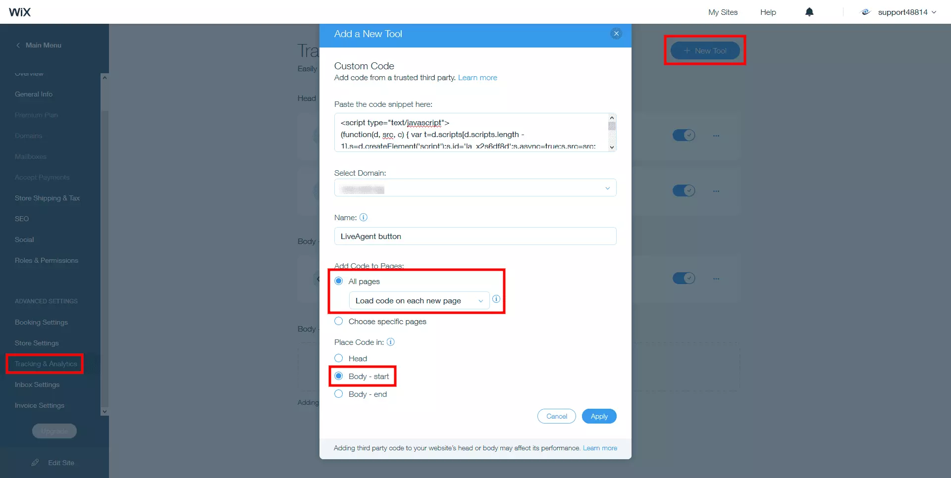 Postavite kodo za živý pogovor LiveAgent v telo spletnega mesta Wix