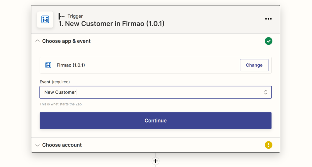 Selection of a Firmao event during the integration configuration on Zapier