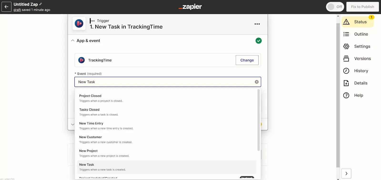 Zapier - nova naloga v TrackingTime