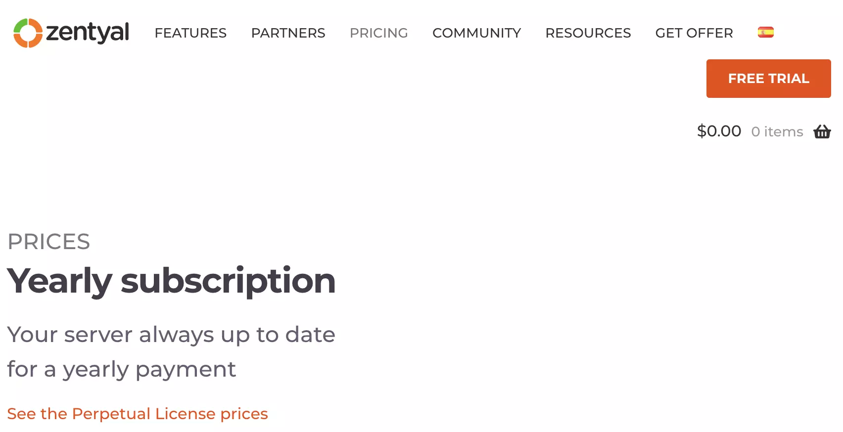 Razdelek plačanih načrtov Zentyal na spletni strani Zentyal