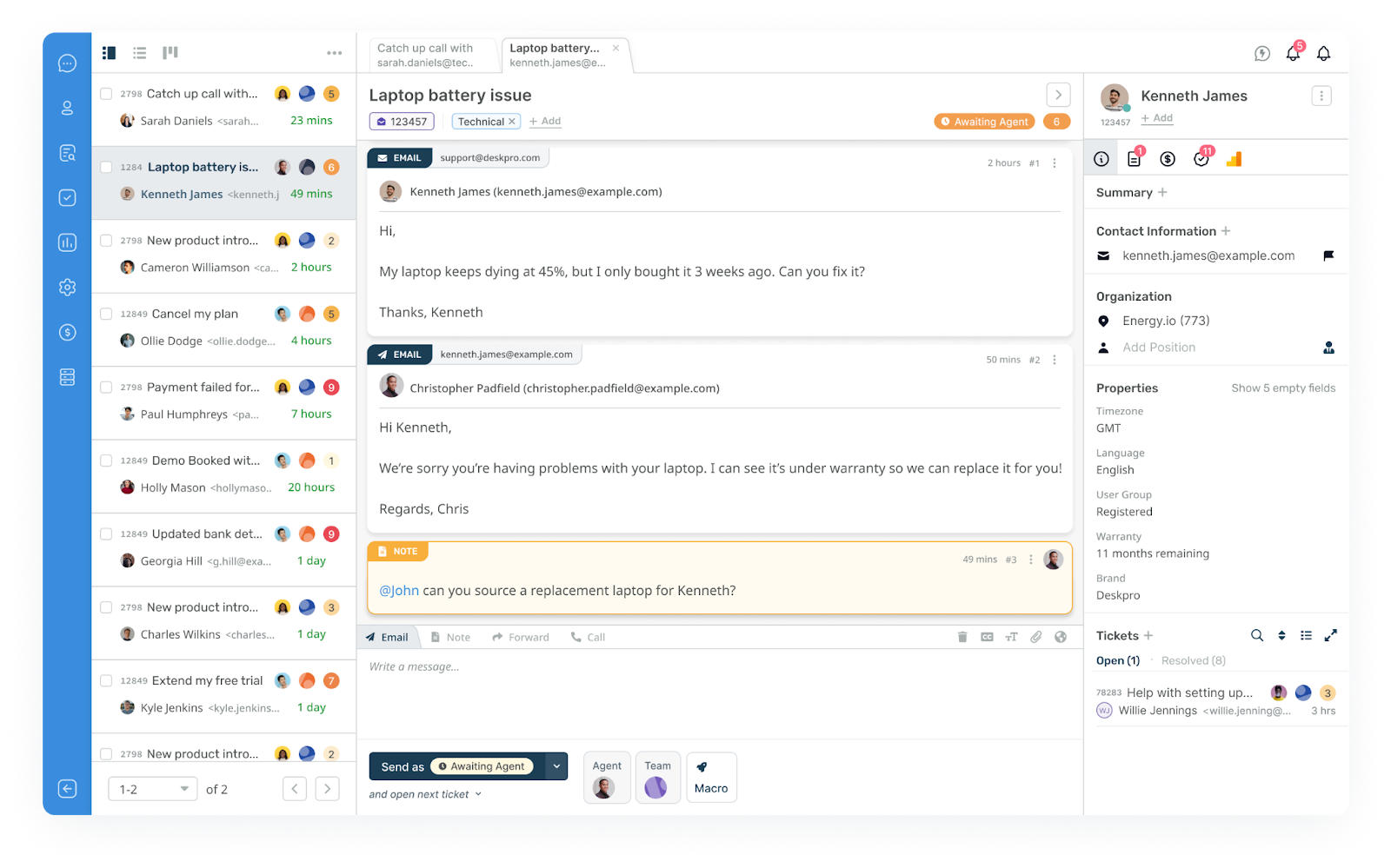 Posnetek zaslona vmesnika Deskpro