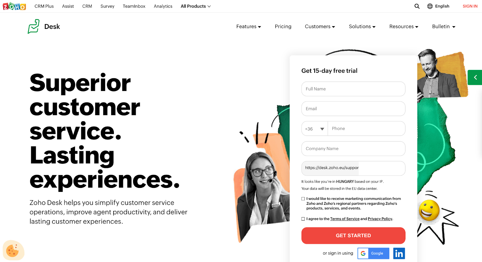 Layout of the Zoho Desk homepage outlining its functionalities