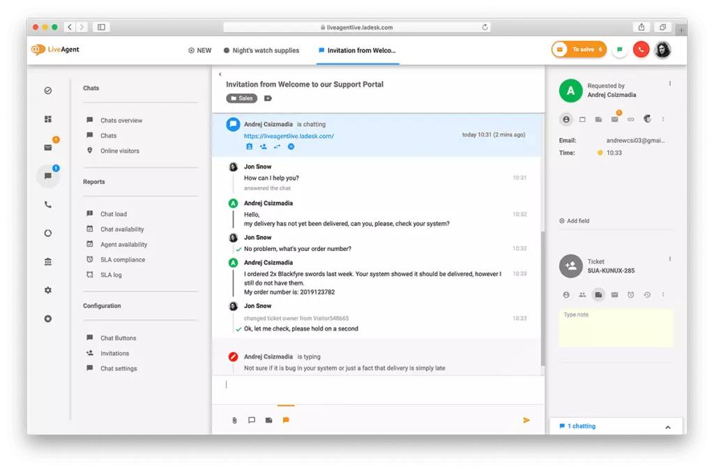 Pregled vmesnika živega klepeta v LiveAgent.