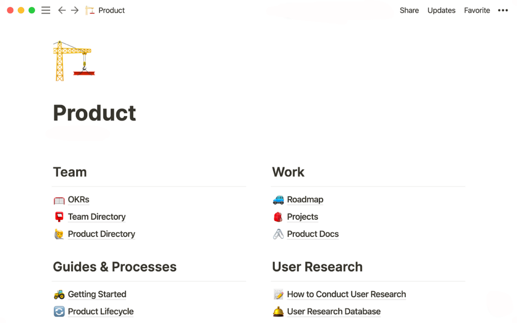 Illustration of a knowledge base created using Notion
