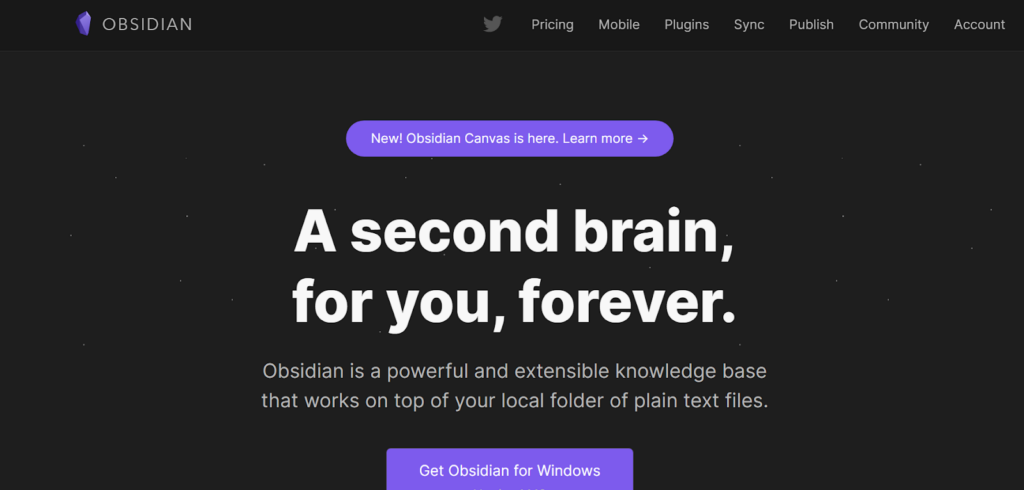 Visual representation of Obsidian software homepage