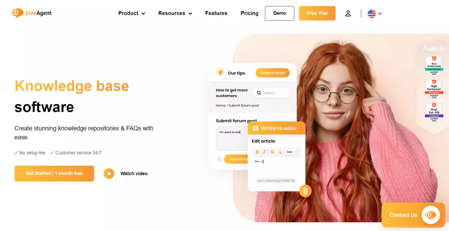 LiveAgent's engaging homepage highlighting its knowledge base tool