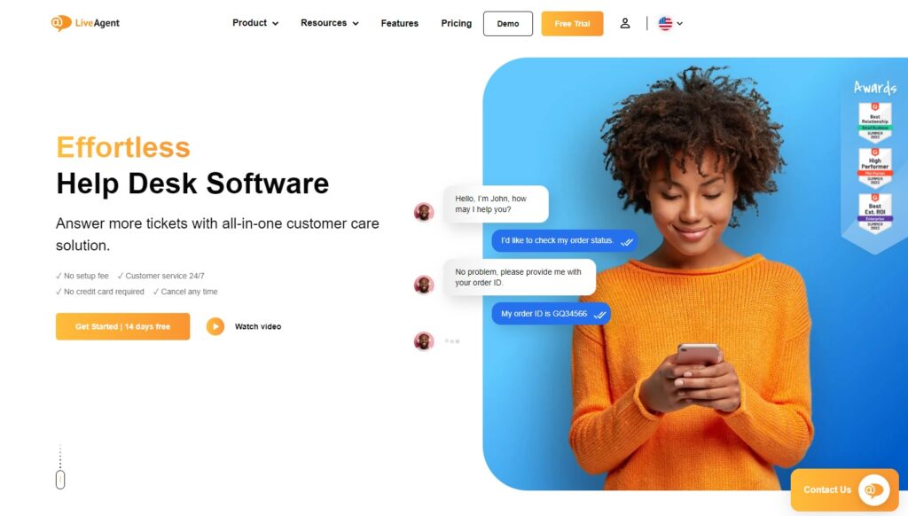 Domača stran LiveAgent z značilnostmi za upravljanje e-pošte