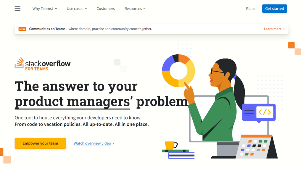 Homepage of Stack Overflow for Teams software, ideal for knowledge base systems