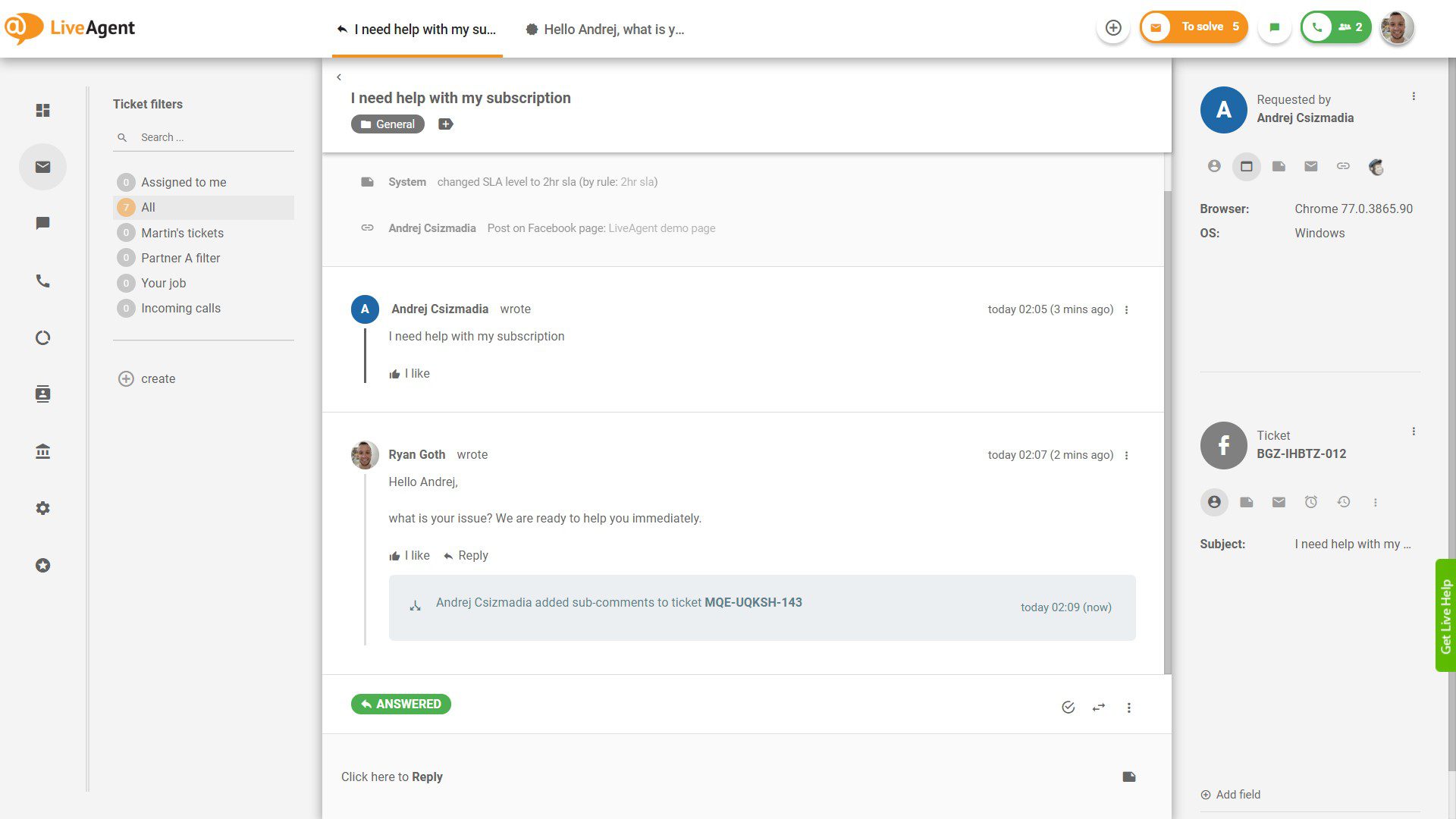 Facebook comment - view in LiveAgent