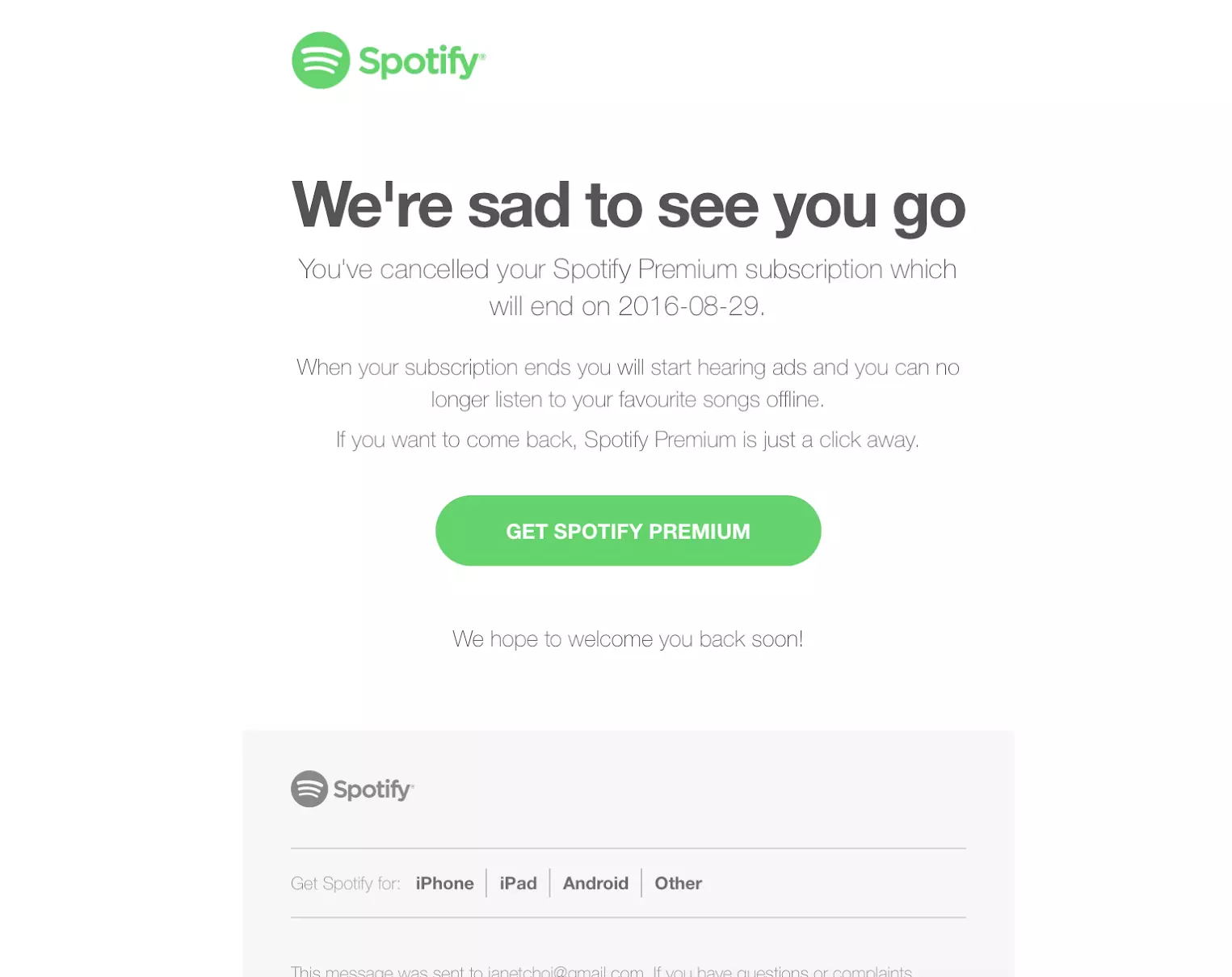 Primer e-poštnega sporočila o odpovedi Spotify
