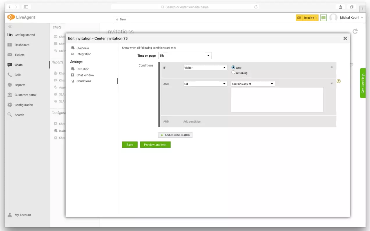 Nastavitve LiveAgent, ki prikazujejo, kako nastaviti sprožilce proaktivnega klepeta