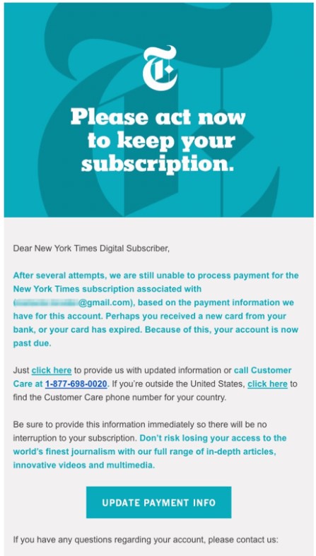 Primer e-pošte za opominjanje New York Times
