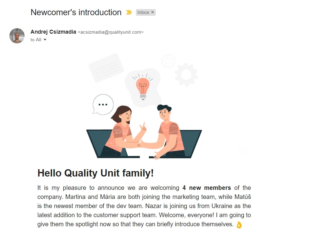 E-pošta predstavitve novega člana Quality Unit