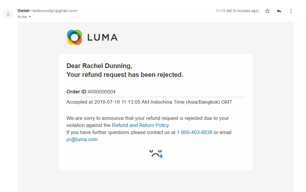 Primer e-pošte za zavrnitev zahteve za vračilo