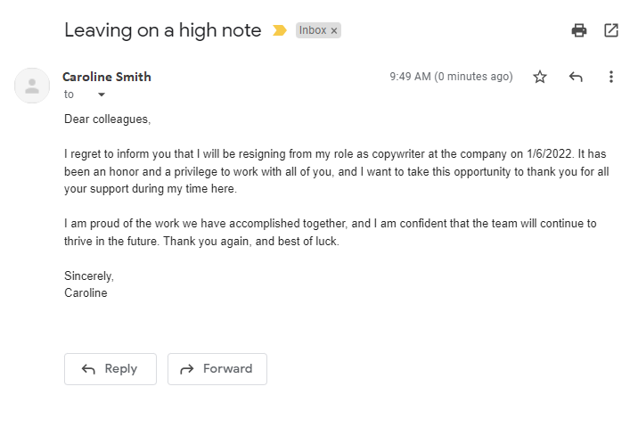 Primer e-pošte za odstop