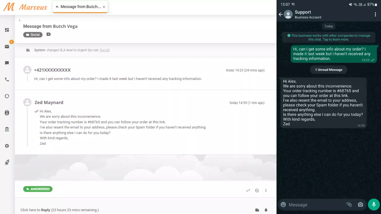 WhatsApp sporočilo prikazano kot karta v LiveAgent-u