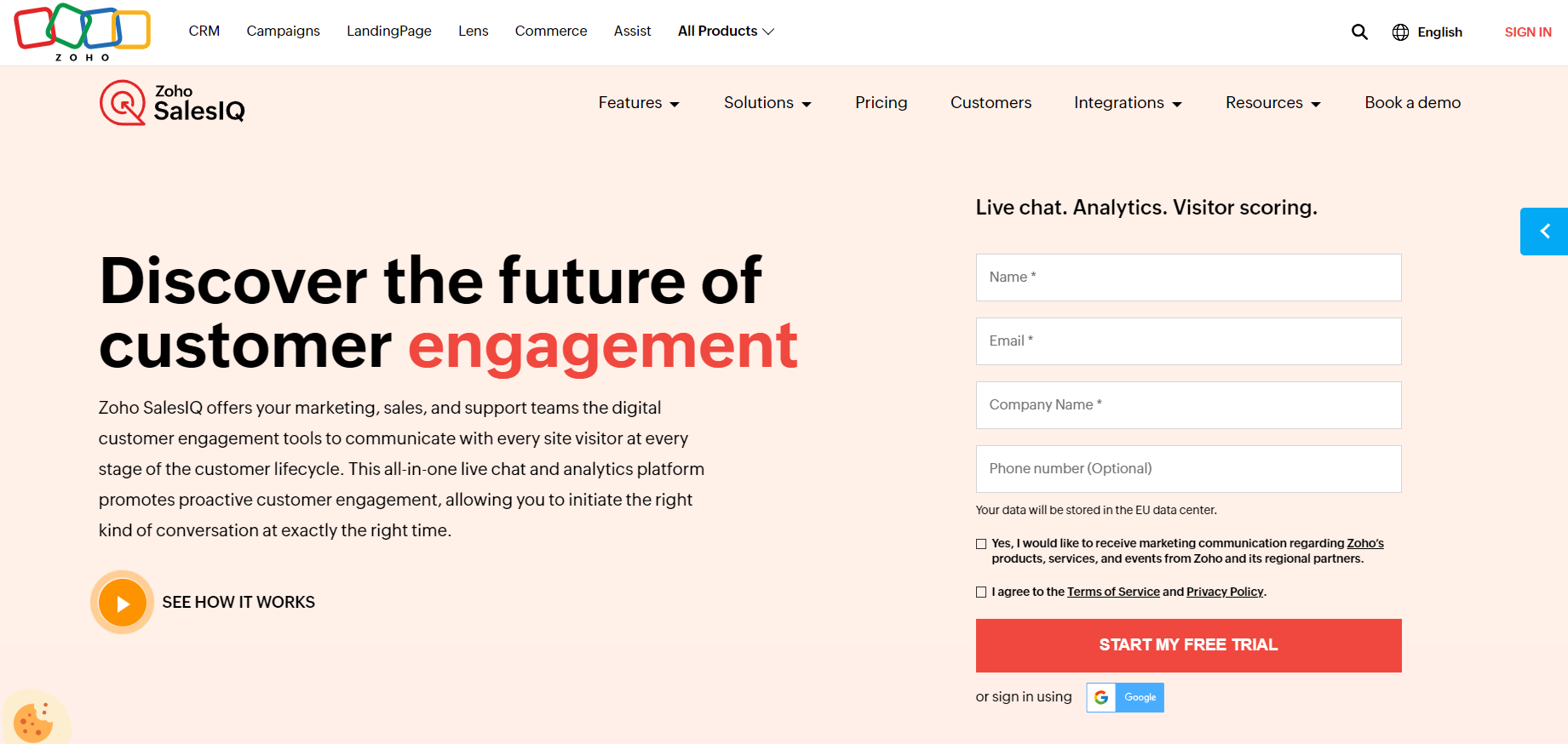 Domača stran Zoho SalesIQ - programska oprema za e-commerce live chat za vključenost strank