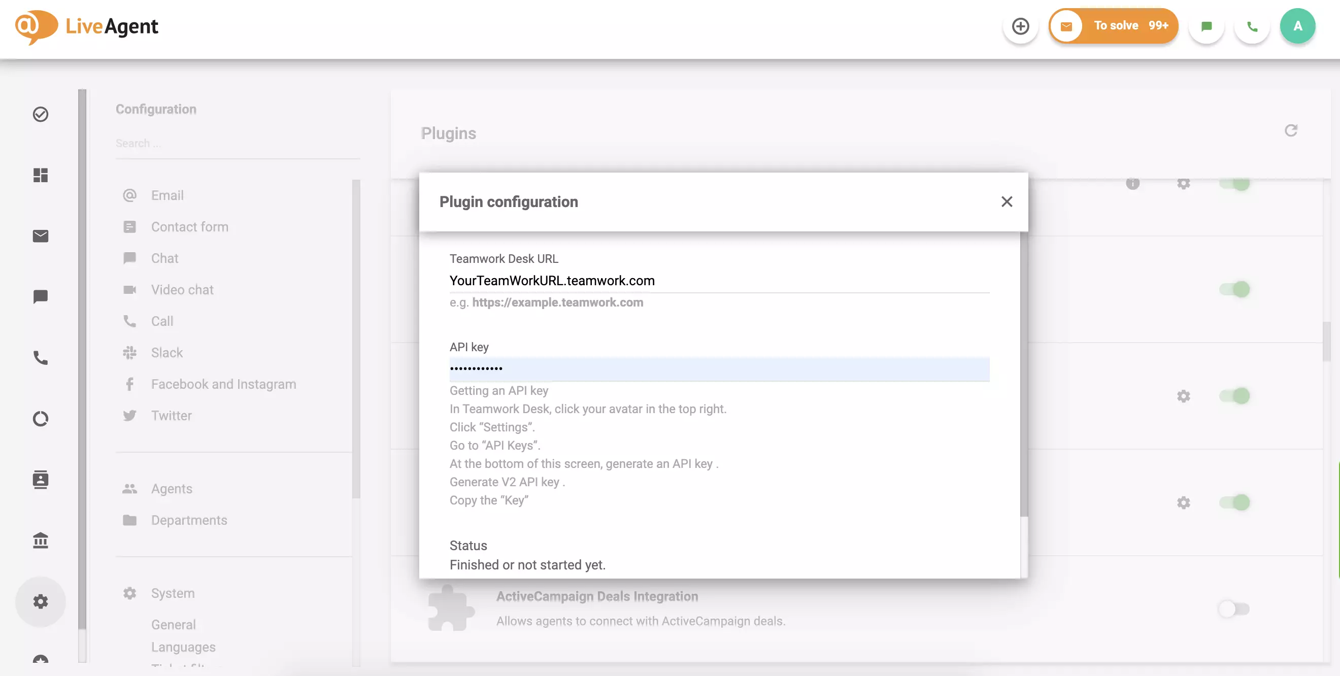 Izpolnite svoj URL in API Teamwork Desk, nato kliknite Shrani.