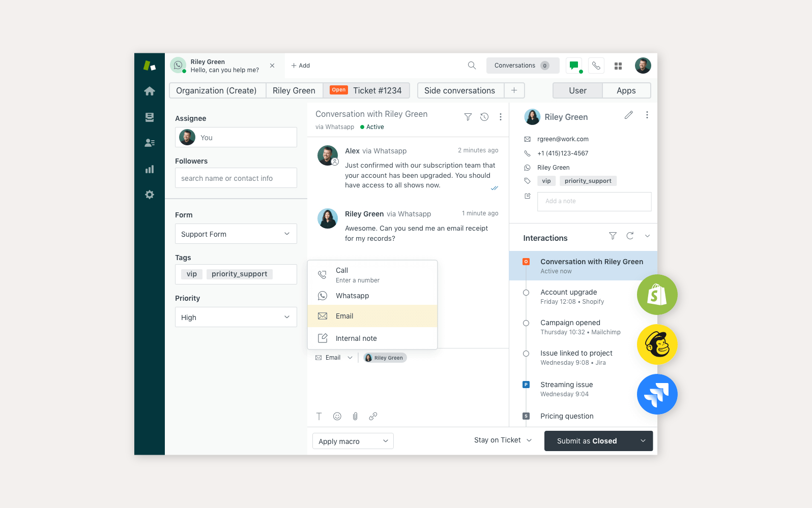 Vmesnik Zendesk call center